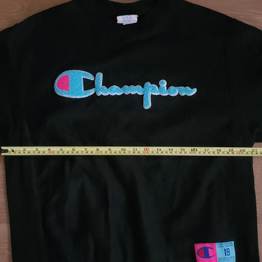 Champion Reverse Weave Sweatshirt Script Logo Medium Black Teal Pink Vintage - Picture 6 of 6